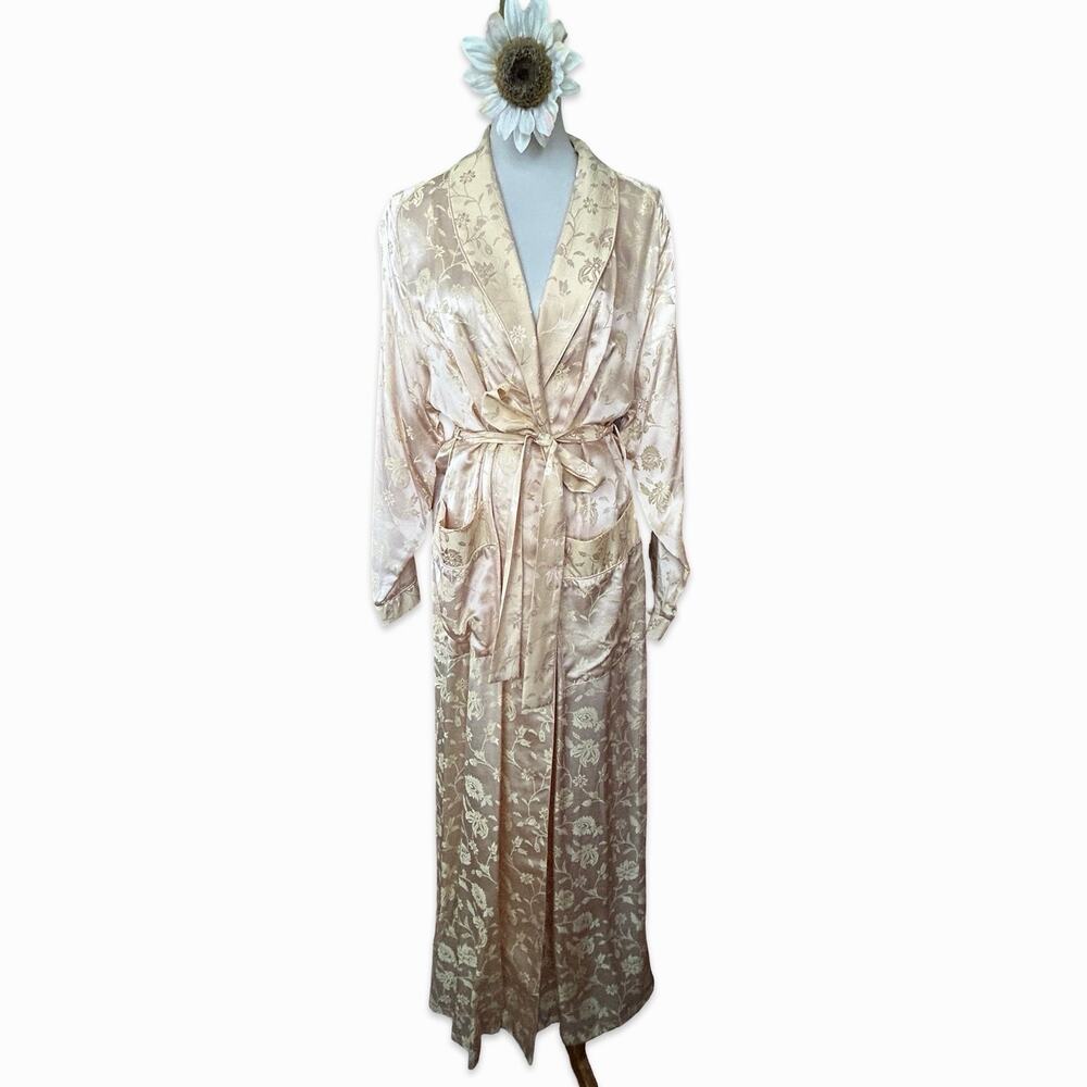 Vintage 60s 70s Silk Jacquard Hostess Robe Champagne Gold Brocade Long